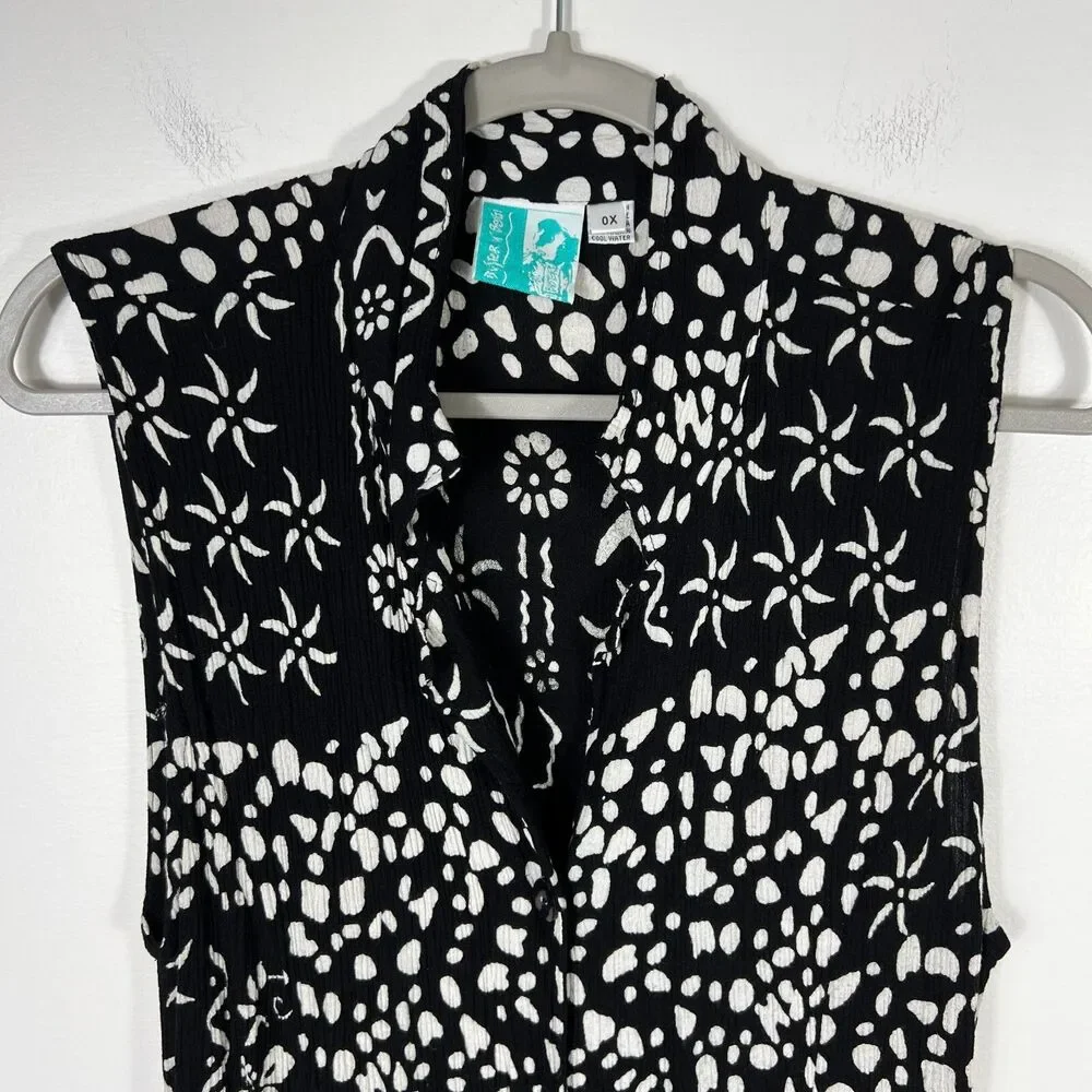 Buster N Bogi Dress 0X Black White Batik Button Front Sleeveless Flowy Floral - Picture 10 of 15